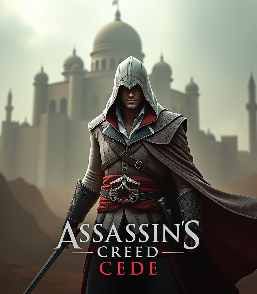  hyperrealistic art old poster, assassin's creed franchise poster, assassin's castle in masyaf, assassin in foreground, text in capital letters "assassin's crede" at bottom, high detail, high resolution, detailed skin, detailed eyes, detailed background, cinematic, (large depth of field:1.4), hyper realism, lots of small details, perfect composition and angle. . extremely high resolution details, photographic, realism pushed to extreme, fine texture, incredibly lifelike hyperrealistic, full body, detailed clothing, highly detailed, cinematic lighting, stunningly beautiful, intricate, sharp focus, f/1. 8, 85mm, (centered image composition), (professionally color graded), ((bright soft diffused light)), volumetric fog, trending on instagram, trending on tumblr, HDR 4K, 8K