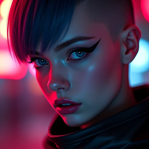  ultra realistic close up portrait ((beautiful pale cyberpunk female with heavy black eyeliner)), blue eyes, shaved side haircut, hyper detail, cinematic lighting, magic neon, dark red city, canon eos r3, nikon, f/1.4, iso 200, 1/160s, 8k, raw, unedited, symmetrical balance, in frame, 8k hyperrealistic, full body, detailed clothing, highly detailed, cinematic lighting, stunningly beautiful, intricate, sharp focus, f/1. 8, 85mm, (centered image composition), (professionally color graded), ((bright soft diffused light)), volumetric fog, trending on instagram, trending on tumblr, HDR 4K, 8K