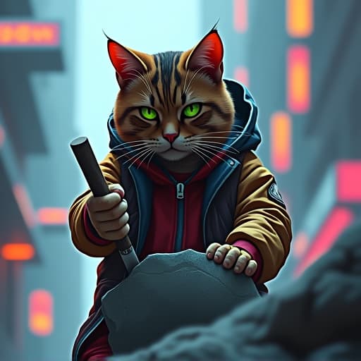  in a cyberpunk cityscape, hemule, the rebellious tabby cat with green eyes, hacks at a stone mountain with a chisel. vibrant colors, edgy urban streetwear, and cypherpunk elements define the scene. imagine a hyper realistic, cinematic style with dramatic lighting, capturing hemule's charisma and tough persona. hyperrealistic, full body, detailed clothing, highly detailed, cinematic lighting, stunningly beautiful, intricate, sharp focus, f/1. 8, 85mm, (centered image composition), (professionally color graded), ((bright soft diffused light)), volumetric fog, trending on instagram, trending on tumblr, HDR 4K, 8K