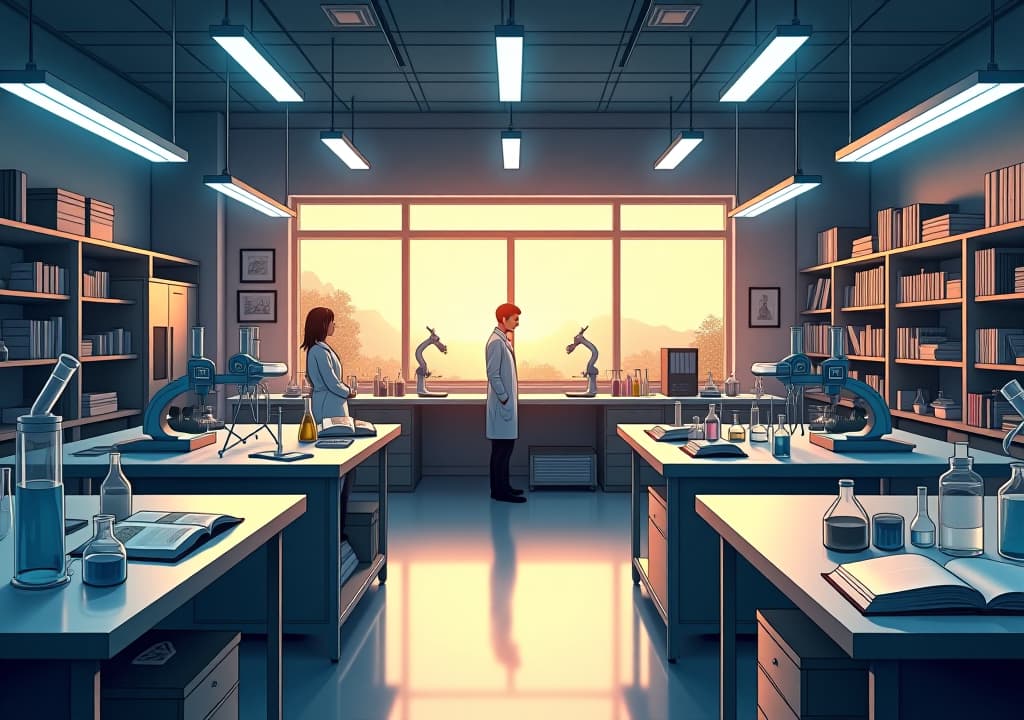  good quality, high quality, a wide angle manga style scene depicting a modern laboratory, filled with sleek lab equipment and glowing fluorescent lights. the setting is calm but busy, with workstations scattered with beakers, test tubes, and scientific apparatus. in the center of the room, there are large lab tables with open books, microscopes, and chemical vials neatly arranged. shelves lining the walls are stacked with research books and scientific journals. in the background, through a large window, the soft light of a late afternoon filters in, casting a warm glow across the room. two figures, the male and female scientists, are in different parts of the lab, both absorbed in their work but subtly aware of each other. the scene has a c