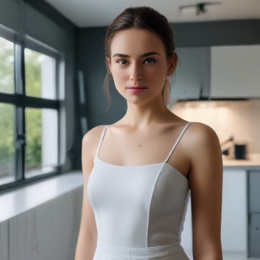 one beautiful young European with preety eyes standing in one pose in the kitchen, ((one standing in one pose)), ((in the simple dress )), very skinny, ,((looking at viewer)), smile, ((pretty eyes)), close-up,, (((in simple clothes)))cyberpunk  hyperrealistic, full body, detailed clothing, highly detailed, cinematic lighting, stunningly beautiful, intricate, sharp focus, f/1. 8, 85mm, (centered image composition), (professionally color graded), ((bright soft diffused light)), volumetric fog, trending on instagram, trending on tumblr, HDR 4K, 8K