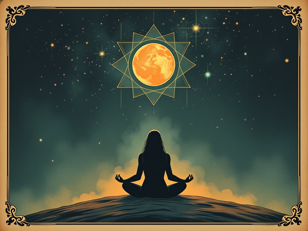  figure meditating under a cosmic night sky, subtle energy flows visualized around, serene, connected, infinite. an illustration in the style of a worn, mystical old tarot trump card, mysterious and elements of surrealism. the colors are muted, somber and eerie, but with contrast bring out an occult and esoteric vibe.