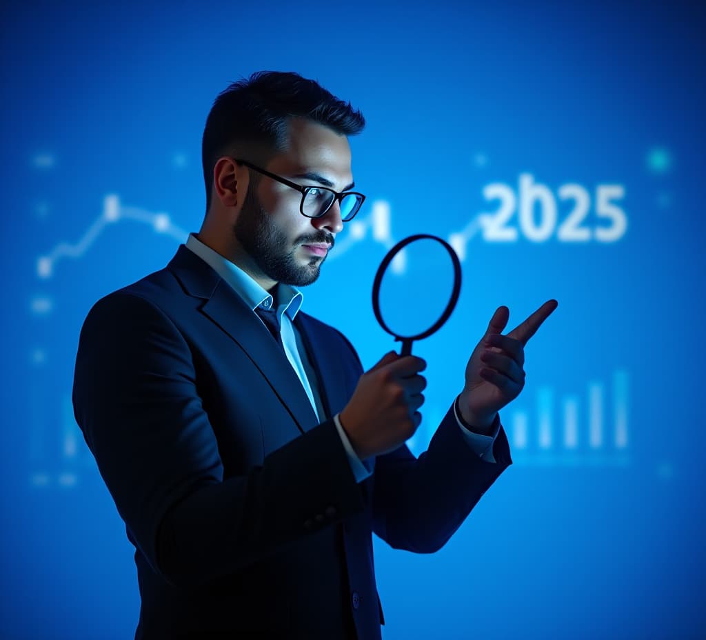  businessman analyzing 2025 trends with magnifying glass on blue background