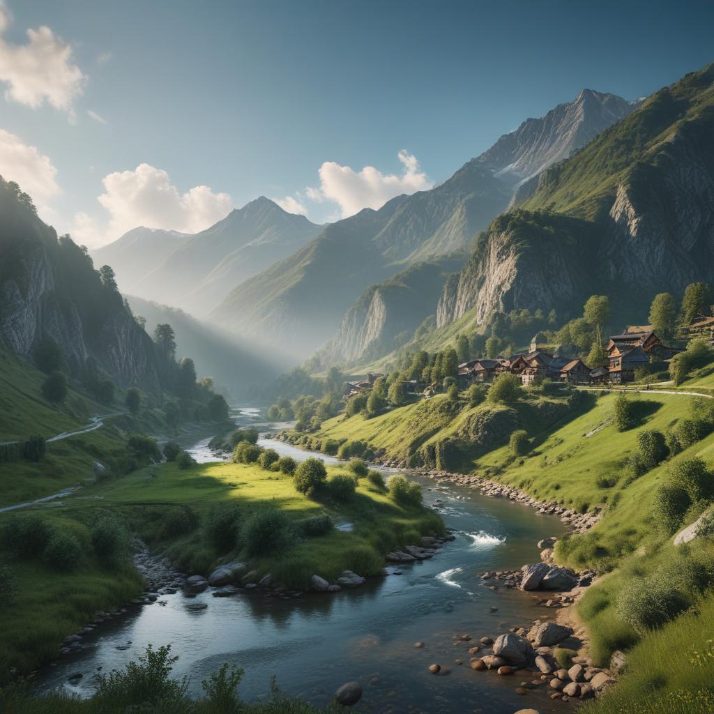 ((masterpiece)),(((best quality))), 8k, high detailed, ultra detailed, a majestic mountain range, a winding river, lush green valleys, a clear blue sky, a small village nestled in the valley hyperrealistic, full body, detailed clothing, highly detailed, cinematic lighting, stunningly beautiful, intricate, sharp focus, f/1. 8, 85mm, (centered image composition), (professionally color graded), ((bright soft diffused light)), volumetric fog, trending on instagram, trending on tumblr, HDR 4K, 8K