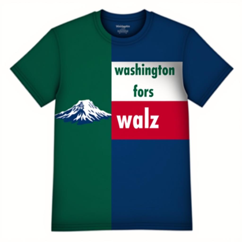  a tshirt design inspired by the washington state flag. the left side features a green vertical stripe with a large mountain in the center. the right side is divided into two horizontal sections: the top section is white with the text 'washington for' in bold, green, uppercase letters, and the bottom section is red with the text 'harris walz' in bold, white, uppercase letters. the overall layout is clean and straightforward, with a clear and patriotic color scheme of blue, white, and red.