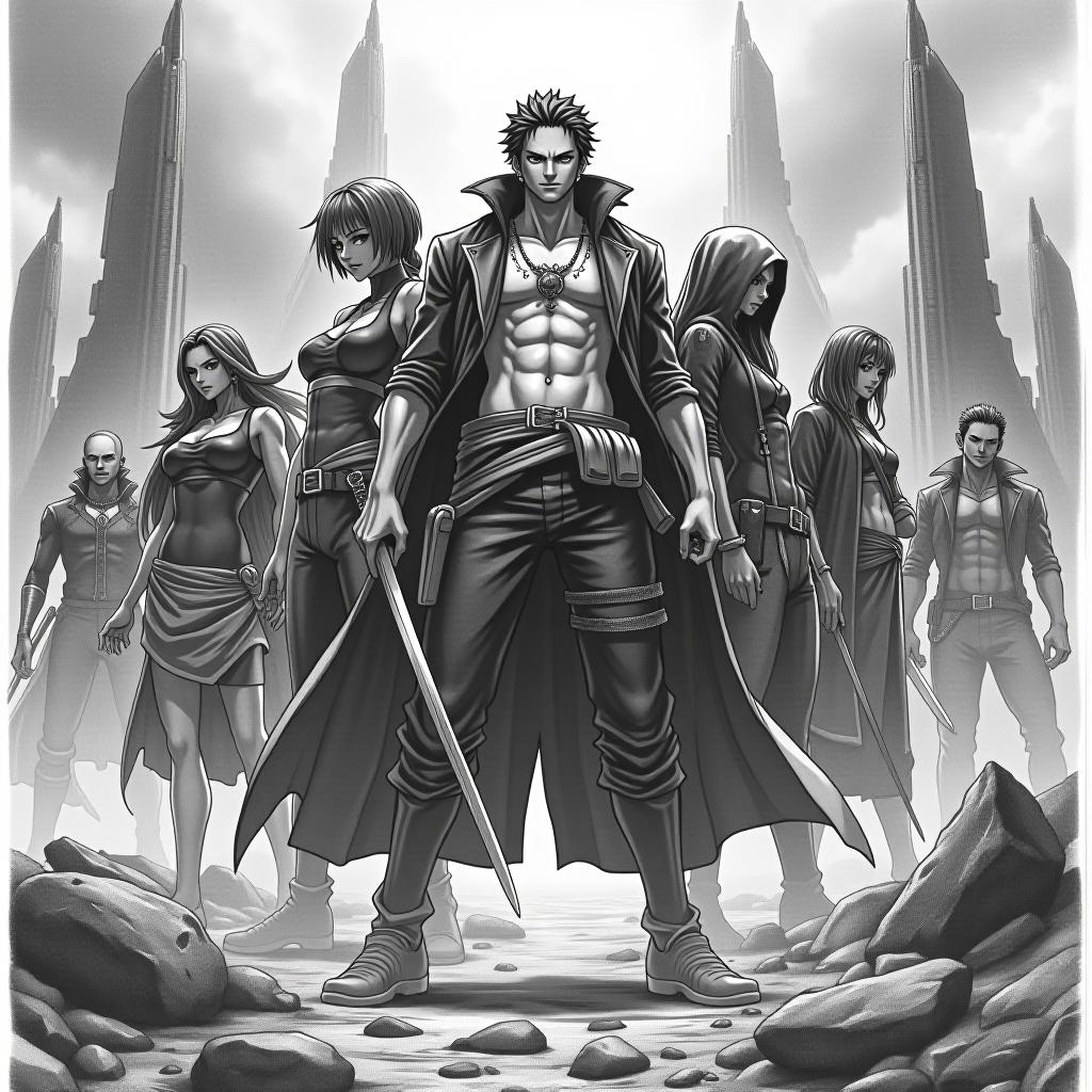  a hyperrealistic pencil drawing of one piece anime characters. make it more thick and sturdy looking. heavy shading. heroic pose. in a destroyed smouldering city , (dramatic c, symmetrical composition, stunning, dystopian setting, epic action scene, post apocalyptic, mechanical design, futuristic environment, charcoal drawings, intense atmosphere.