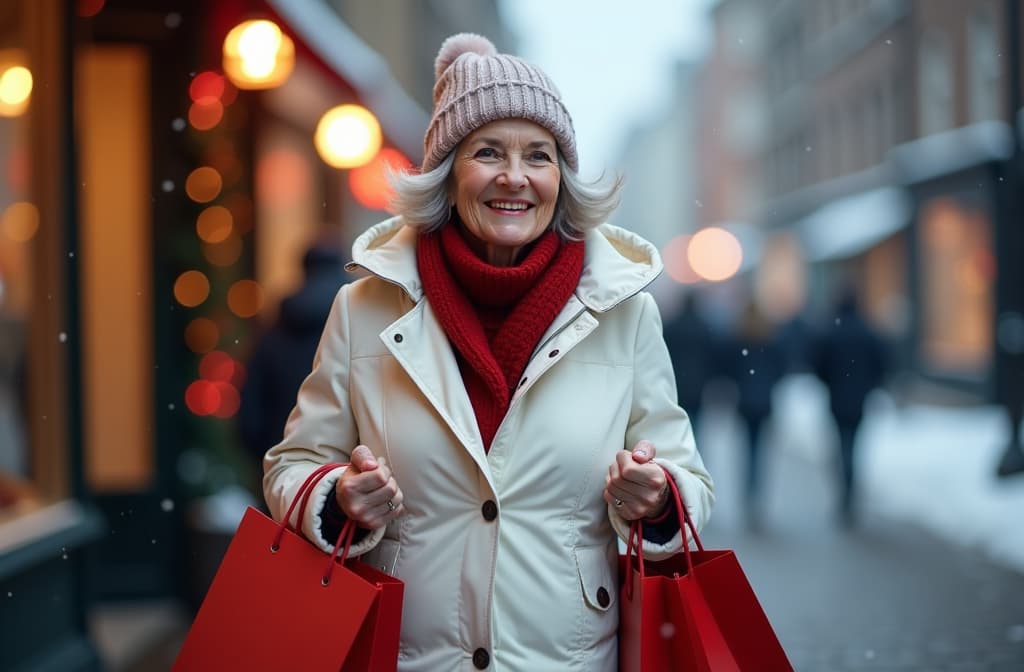  professional detailed photography, smiling elderly woman in light winter hat with red shopping bags, white coat and blue jeans, red scarf, grey hair, going on evening christmas street. snow is falling , (muted colors, dim colors, soothing tones), (vsco:0.3)