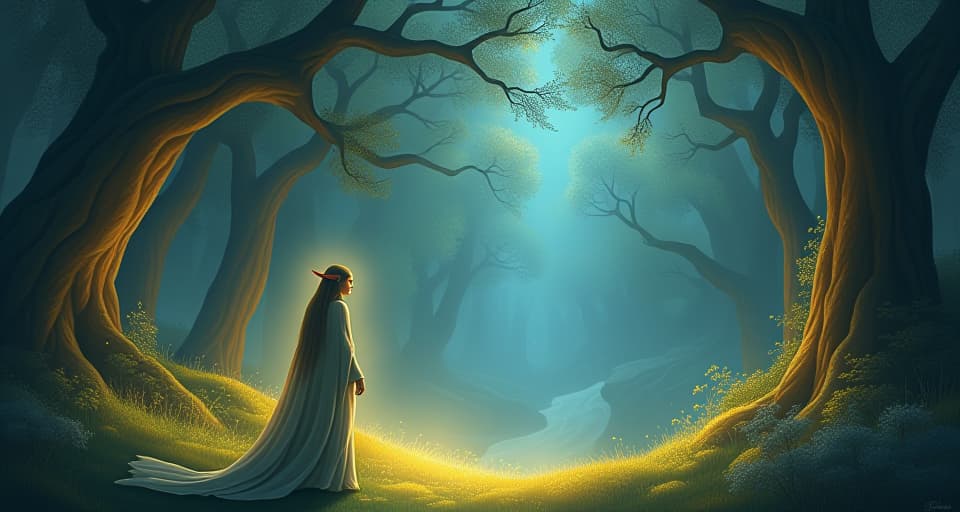  a wise, ethereal elf with piercing eyes standing in a luminous glade, surrounded by glowing runes and ancient trees. bright, intertwining patterns illuminate the scene as the holy spirit sharpens awareness.. the style is digital art illustration,highly detailed, whimsical,magical, dreamlike atmosphere, realism and fantasy blend, smooth, glossy textures,luminous quality, wonder and enchantment.