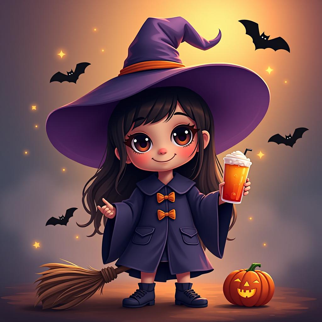  create a digital painting featuring a cute witch character. the witch should be wearing a hat. in one hand, the witch should hold a broomstick, and in the other hand, a halloween themed drink. the background should be colorful and include small black bats, pumpkins and stars to add a playful halloween touch. the overall style should be cute, whimsical, and colorful hyperrealistic, full body, detailed clothing, highly detailed, cinematic lighting, stunningly beautiful, intricate, sharp focus, f/1. 8, 85mm, (centered image composition), (professionally color graded), ((bright soft diffused light)), volumetric fog, trending on instagram, trending on tumblr, HDR 4K, 8K