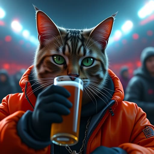  in a cyberpunk cityscape, hemule, an edgy cat with green eyes and streetwear style, sips beer at a football game. the hyper realistic, cinematic image features vibrant colors, detailed textures, and bold lighting, blending realism with a comic book vibe, capturing the tension and charisma. hyperrealistic, full body, detailed clothing, highly detailed, cinematic lighting, stunningly beautiful, intricate, sharp focus, f/1. 8, 85mm, (centered image composition), (professionally color graded), ((bright soft diffused light)), volumetric fog, trending on instagram, trending on tumblr, HDR 4K, 8K