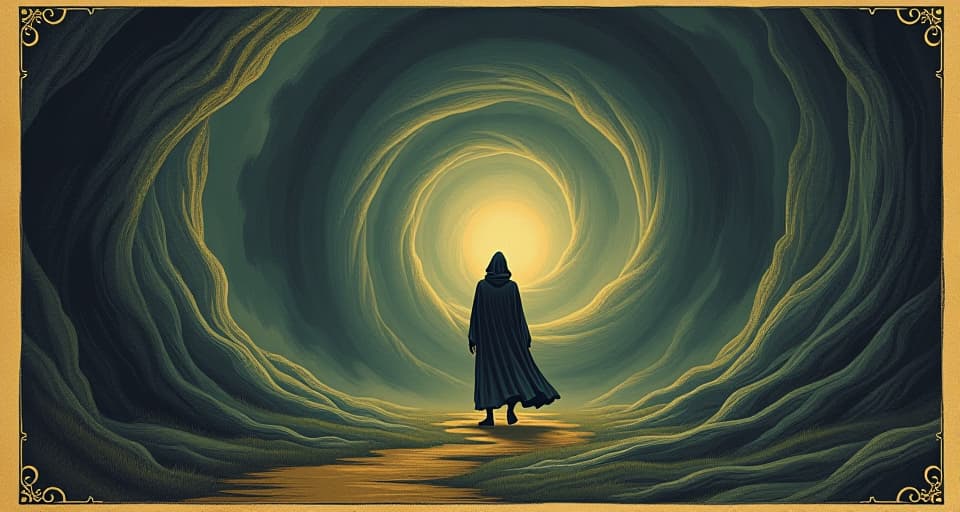  a robed figure stepping into a swirling vortex, path vanishing behind, sense of adventure, unknown. an illustration in the style of a worn, mystical old tarot trump card, mysterious and elements of surrealism. the colors are muted, somber and eerie, but with contrast bring out an occult and esoteric vibe.