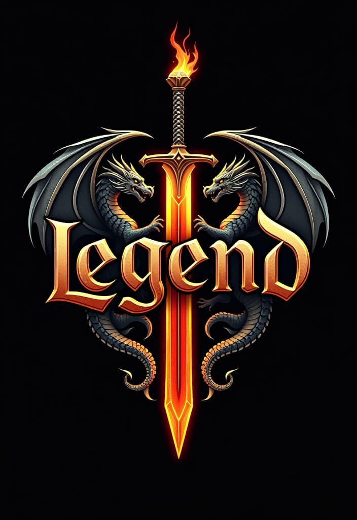  design a logo, custom sticker design on an isolated black background with the words ‘legend’ in bold font decorated by mythical dragons and a flaming sword