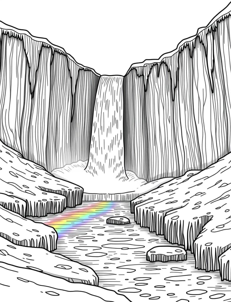  this is for an adult coloring page. a detailed black and white line art of a snowy frozen waterfall with a rainbow reflecting in the ice on a solid white background.