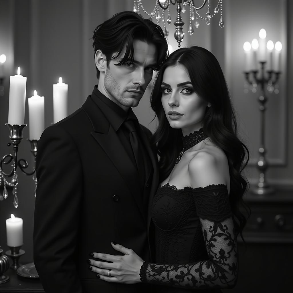  a striking gothic man and woman stand together at an elegant gothic party, surrounded by intricate candlelit decorations. the man has sharp features and tousled black hair, wearing a tailored dark suit adorned with subtle lace details. the woman has long flowing hair cascading over a vintage lace gown, her striking makeup accentuating her piercing eyes. the entire scene is rendered in monochrome, showcasing rich shades of black, white, and gray, highlighting the dramatic contrast and ethereal beauty of their surroundings.