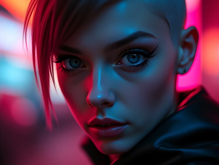  ultra realistic close up portrait ((beautiful pale cyberpunk female with heavy black eyeliner)), blue eyes, shaved side haircut, hyper detail, cinematic lighting, magic neon, dark red city, canon eos r3, nikon, f/1.4, iso 200, 1/160s, 8k, raw, unedited, symmetrical balance, in frame, 8k hyperrealistic, full body, detailed clothing, highly detailed, cinematic lighting, stunningly beautiful, intricate, sharp focus, f/1. 8, 85mm, (centered image composition), (professionally color graded), ((bright soft diffused light)), volumetric fog, trending on instagram, trending on tumblr, HDR 4K, 8K