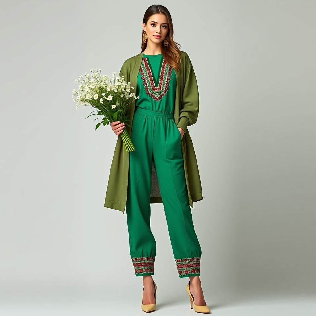  a young woman in a green pantsuit with national tatar elements. she is wearing a t shirt, pants, and a cardigan. she has large gold earrings and holds a bouquet of white flowers. the woman is standing tall in high heels.