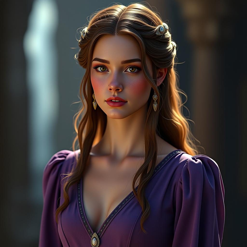  detailed beautiful young woman with brown hair from the house of dane from george r.r. martin's a song of fire and ice universe, wearing a purple dress, in super realism style hyperrealistic, full body, detailed clothing, highly detailed, cinematic lighting, stunningly beautiful, intricate, sharp focus, f/1. 8, 85mm, (centered image composition), (professionally color graded), ((bright soft diffused light)), volumetric fog, trending on instagram, trending on tumblr, HDR 4K, 8K