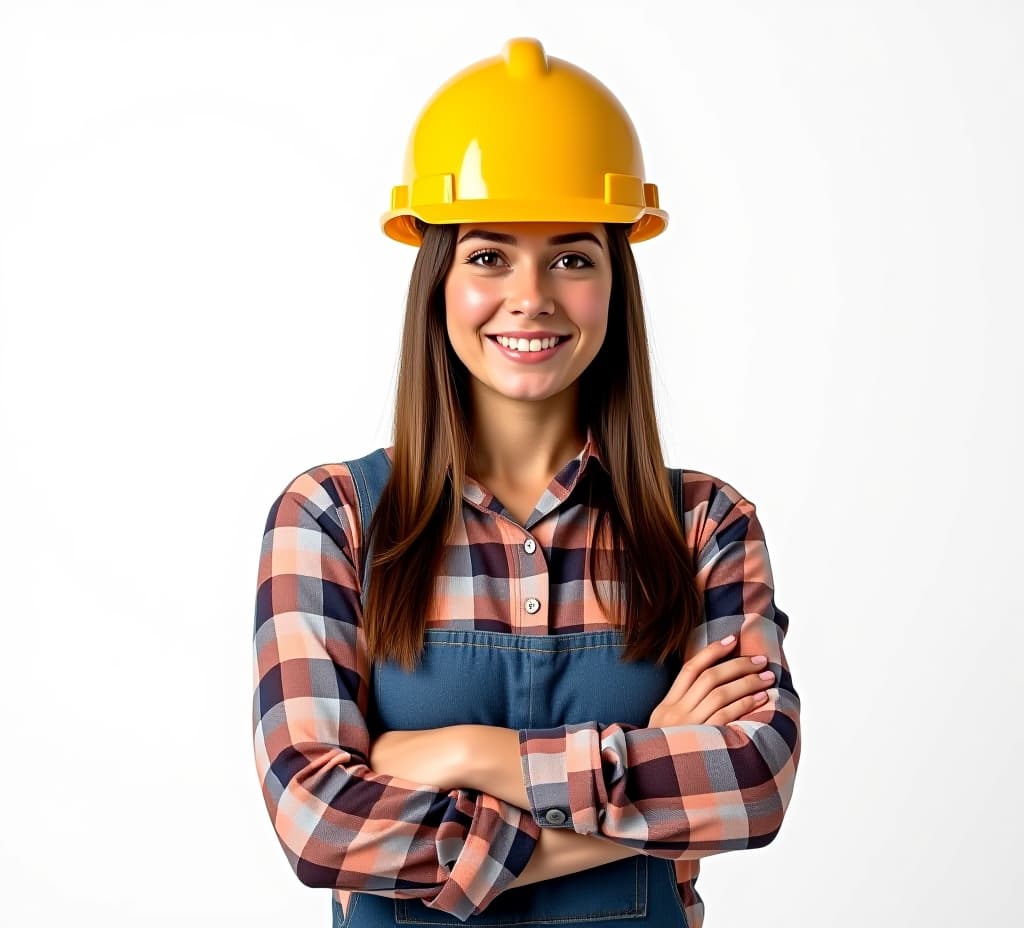  portrait of a female construction worker wearing hard hat, studio shot, white background.