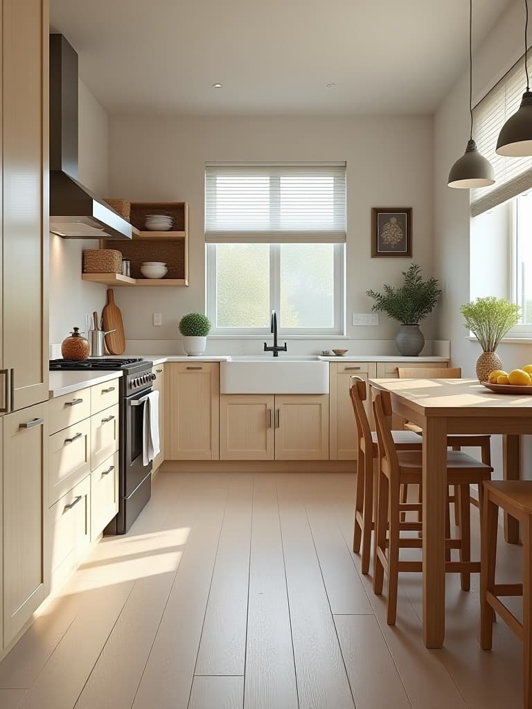  high quality portrait photo of a scandinavian inspired kitchen with light wood cabinets and whitewashed wide plank oak flooring, photographed from the side to highlight the floor's natural texture hyperrealistic, full body, detailed clothing, highly detailed, cinematic lighting, stunningly beautiful, intricate, sharp focus, f/1. 8, 85mm, (centered image composition), (professionally color graded), ((bright soft diffused light)), volumetric fog, trending on instagram, trending on tumblr, HDR 4K, 8K