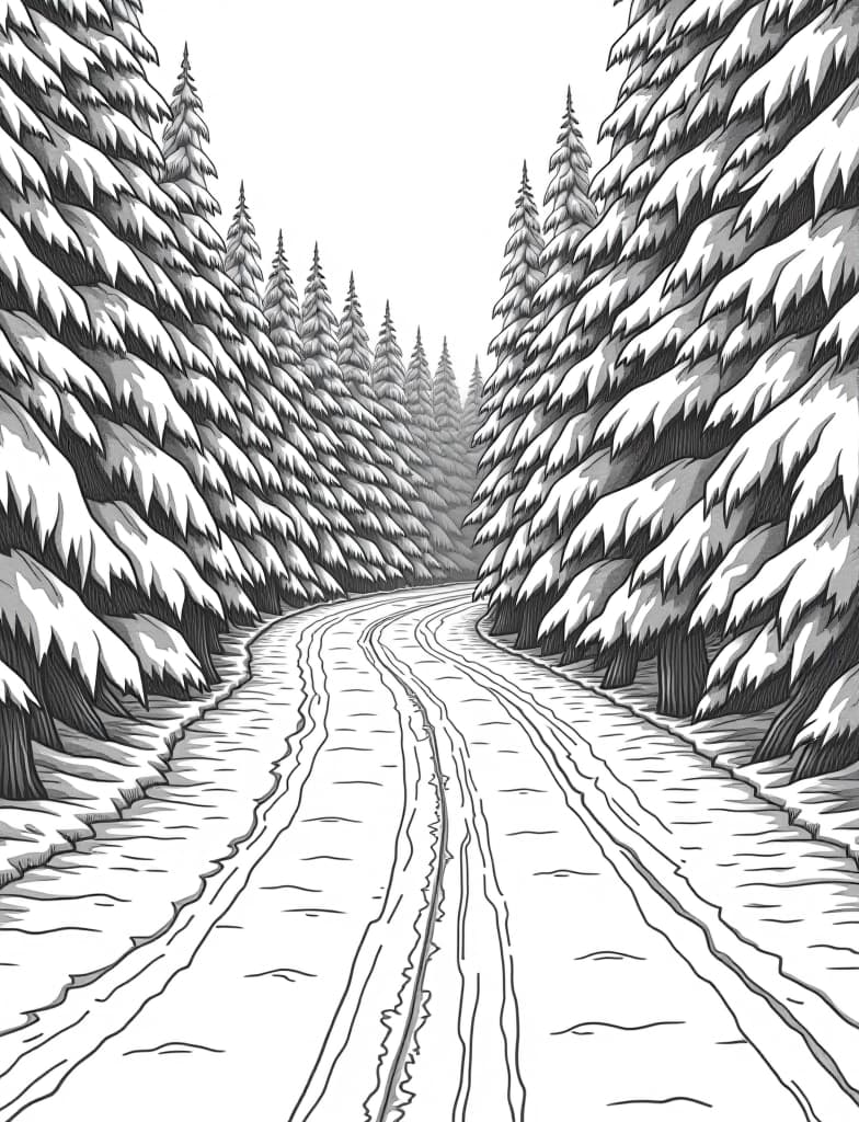  this is for an adult coloring page. a detailed black and white line art of a snowy snow covered road winding through a snowy forest on a solid white background.