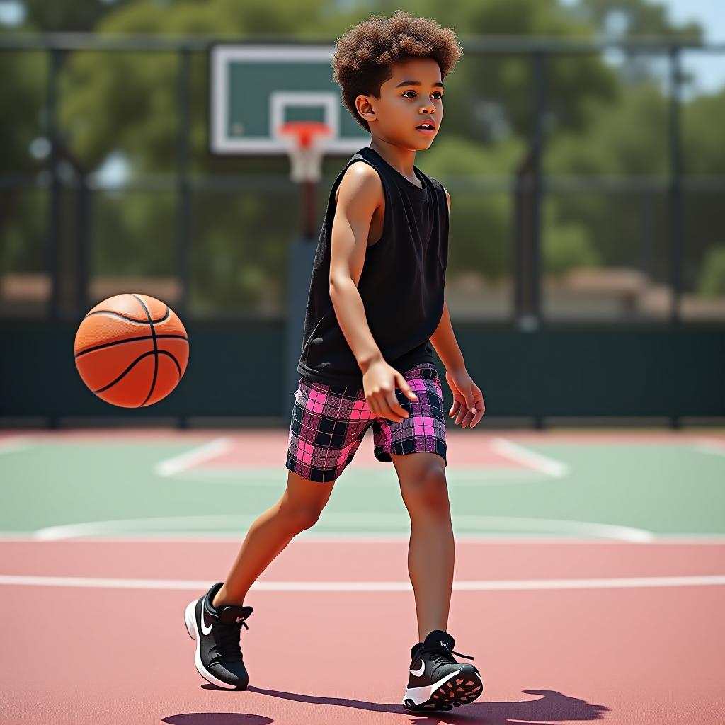  create a high resolution image of a full body boy wearing shorts designed for sportswear, featuring plaid fabric in black (rgb(0,0,0)) and a light pink (rgb(243,185,185)) color scheme. the shorts are crafted from lightweight polyester with a slub texture and a slim fit that includes a skinny leg style. the length is above the knee with mid rise waist and patch pockets. the shorts also boast a prominent patch logo. scene: an outdoor basketball court with the boy striking an action pose such as dribbling a basketball or making a quick move.