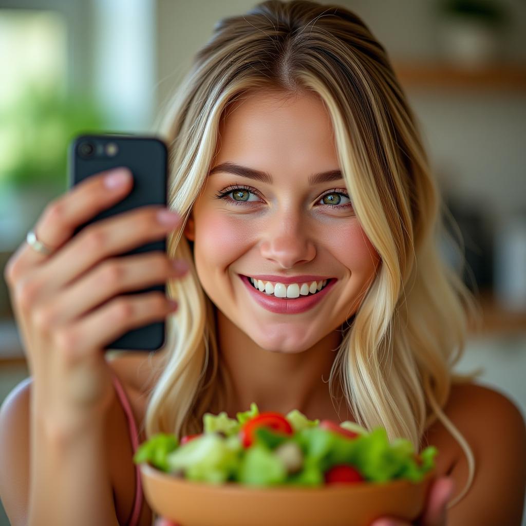  a young beautiful woman with blonde hair is taking pictures of a salad and flirting.