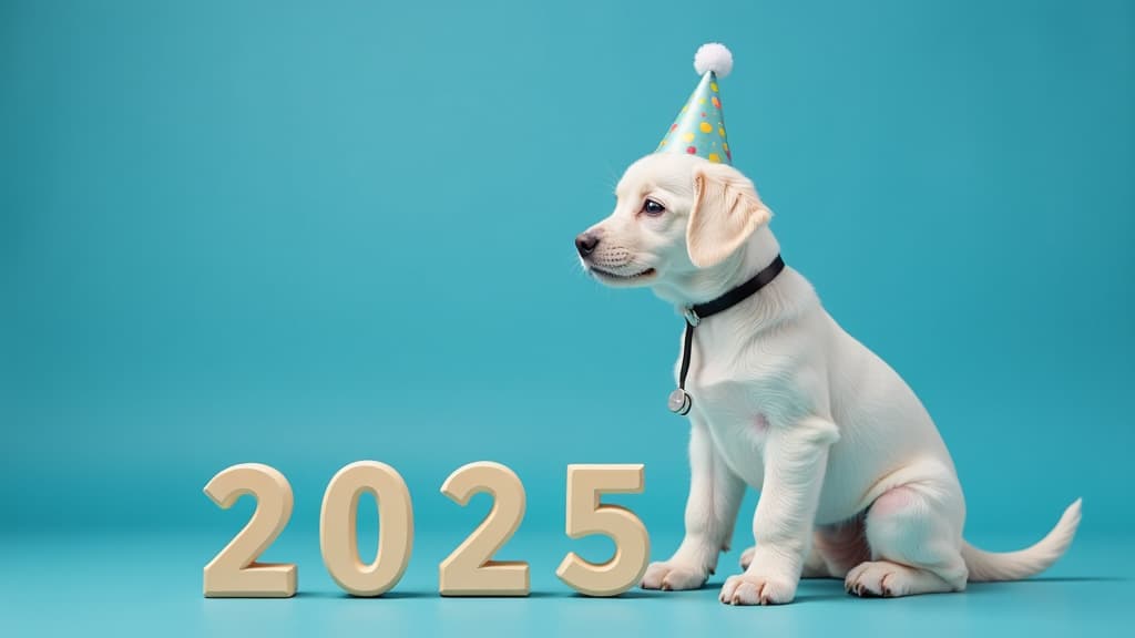  professional detailed photography, white puppy, new year's hat on head, sitting, left, in doctor's costume, on blue background, numbers from food "2025" , (muted colors, dim colors, soothing tones), (vsco:0.3)