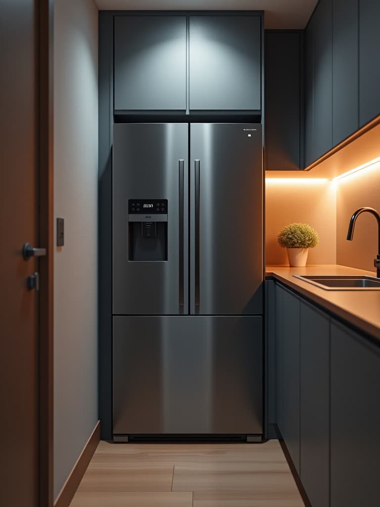  a portrait photo of a compact kitchen featuring a smart refrigerator with a touchscreen display, surrounded by sleek, handle less cabinets in a matte finish hyperrealistic, full body, detailed clothing, highly detailed, cinematic lighting, stunningly beautiful, intricate, sharp focus, f/1. 8, 85mm, (centered image composition), (professionally color graded), ((bright soft diffused light)), volumetric fog, trending on instagram, trending on tumblr, HDR 4K, 8K