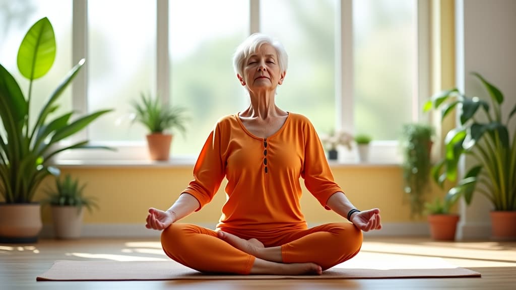  a senior woman with white hair, dressed in orange, performs a meditative yoga pose in a bright room, demonstrating tranquility and mindfulness surrounded by plants.