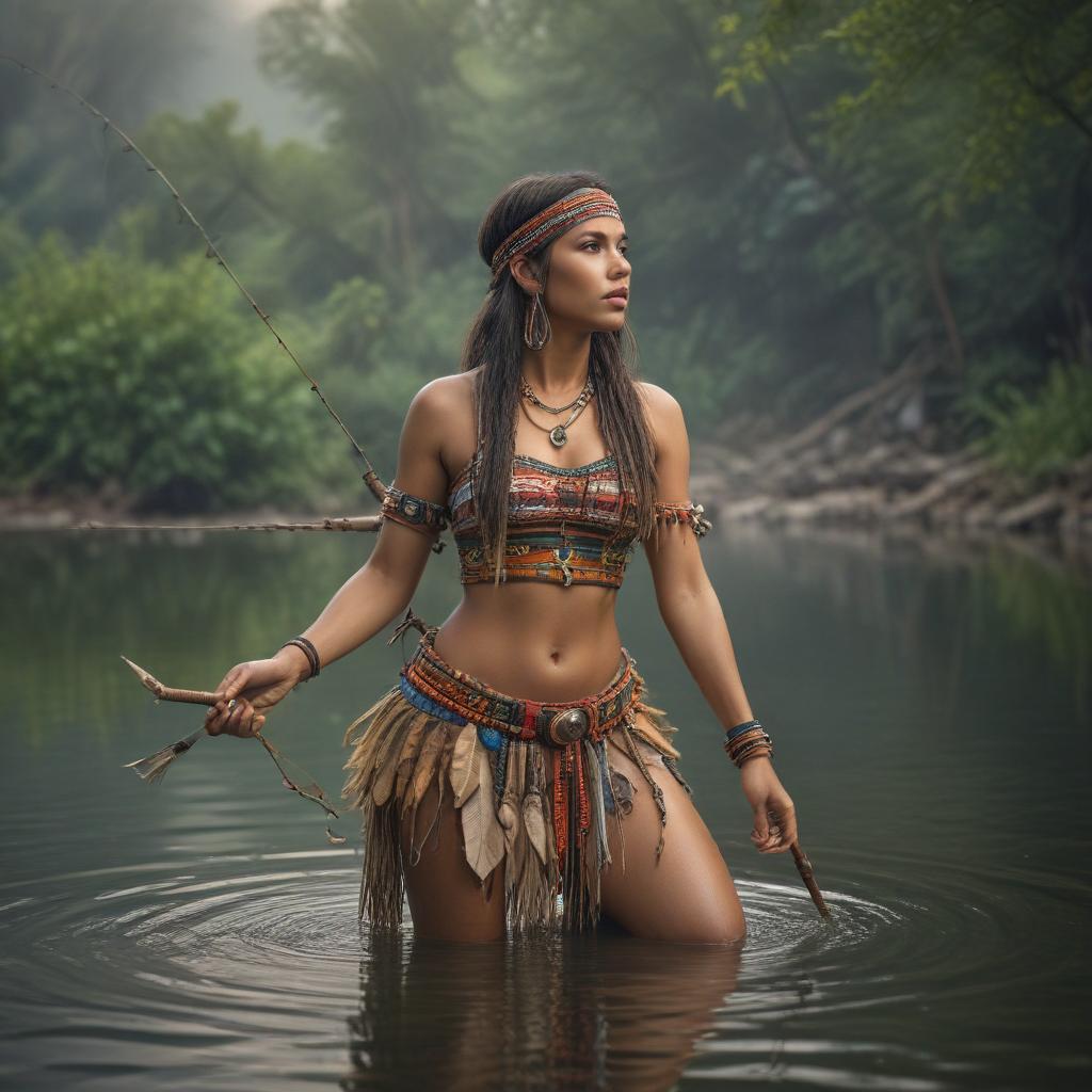 ((masterpiece)),(((best quality))), 8k, high detailed, ultra detailed, sexy tribe woman fishing, tribe woman, fishing, (natural landscape in the background), (traditional fishing tools), (colorful tribal attire) hyperrealistic, full body, detailed clothing, highly detailed, cinematic lighting, stunningly beautiful, intricate, sharp focus, f/1. 8, 85mm, (centered image composition), (professionally color graded), ((bright soft diffused light)), volumetric fog, trending on instagram, trending on tumblr, HDR 4K, 8K