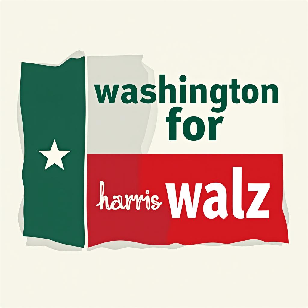  a design inspired by the washington state flag. the left side features a green vertical stripe with mt. rainer in the center. the right side is divided into two horizontal sections: the top section is white with the text 'washington for' in bold, green, uppercase letters, and the bottom section is red with the text 'harris walz' in bold, white, uppercase letters. the overall layout is clean and straightforward, with a clear and patriotic color scheme of blue, white, and red.