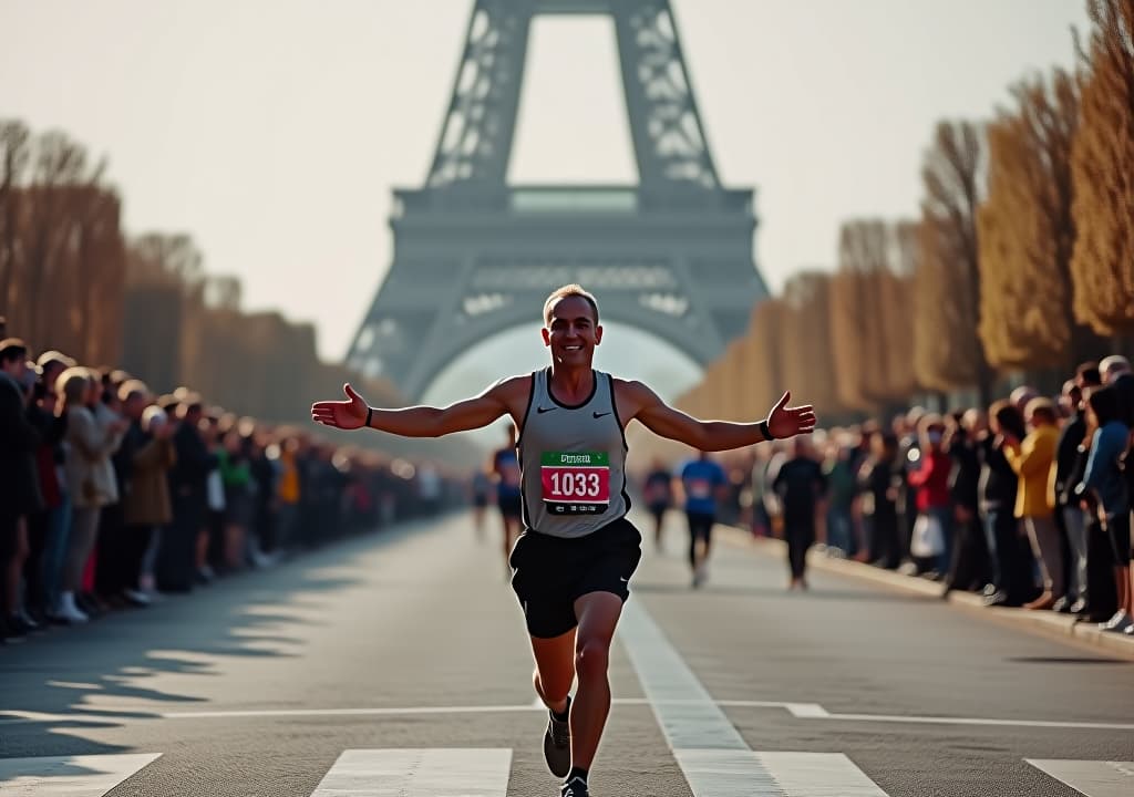  marathon runner celebrated in paris, eiffel tower backdrop amidst cheering crowd