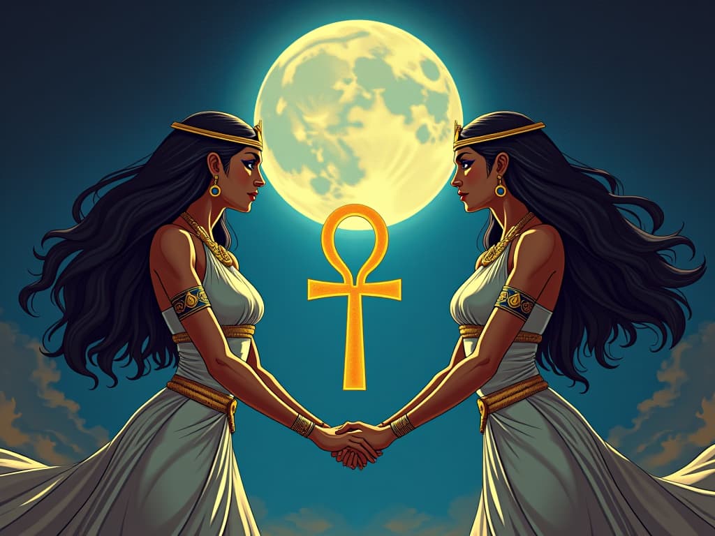  large busted goddesses, holding hands in unity, encircling a glowing ankh, the full moon above illuminating their collective strength, empowerment rippling outward. the style is digital art illustration / modern comic book / mysterious occult, symbolic, esoteric vibe,high detail on character design, incorporating ancient egyptian symbology and attire.