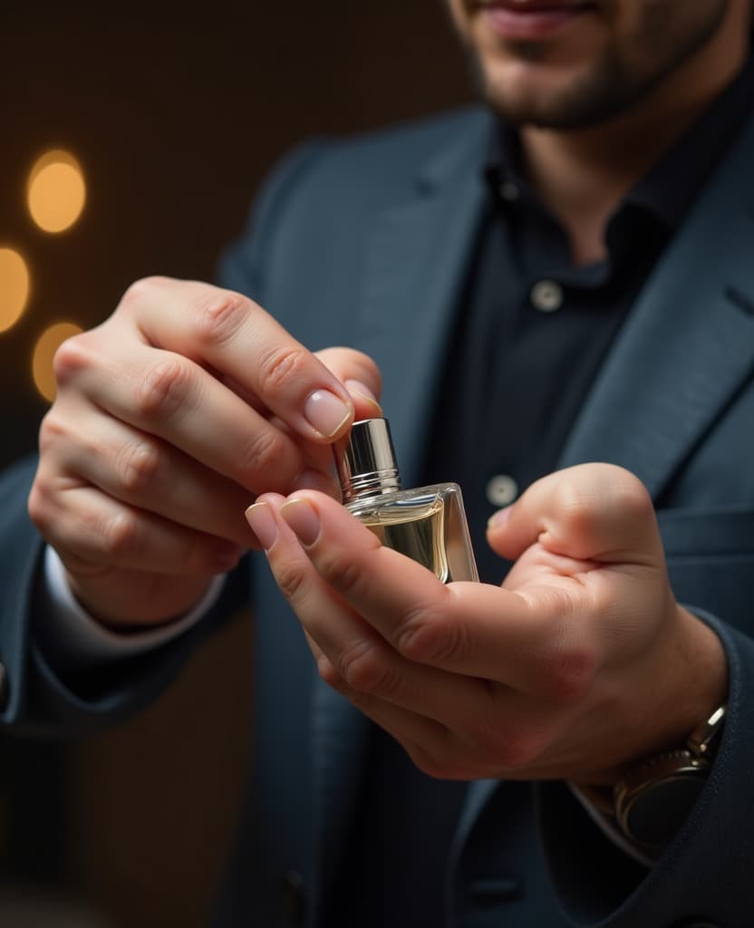  hdr photo of man demonstration of the process of applying perfume on the wrist using perfume, hands, it is convenient to use our product . high dynamic range, vivid, rich details, clear shadows and highlights, realistic, intense, enhanced contrast, highly detailed