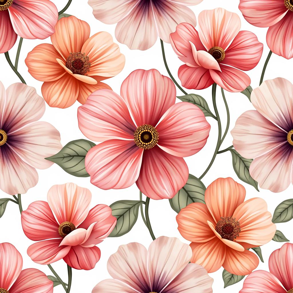  create a seamless digital design featuring a pattern of large, beautiful flowers with soft, watercolor like effects. the flowers should cover the entire surface, creating a bold, elegant, and continuous look. the overall style should be light and airy, with delicate leaves and petals to enhance the natural, floral theme. the design should be seamless to ensure it can be used in repeating patterns or wraps.