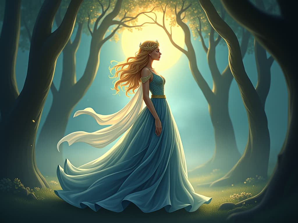  radiant queen in a flowing gown, standing majestic in a glowing grove, soft beams of starlight, powerful presence. the style is digital art illustration,highly detailed, whimsical,magical, dreamlike atmosphere, realism and fantasy blend, smooth, glossy textures,luminous quality, wonder and enchantment.