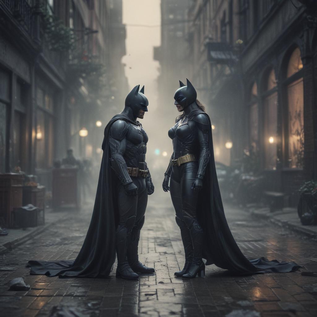 ((masterpiece)),(((best quality))), 8k, high detailed, ultra detailed, Cat Woman kissing Batman, surreal interpretation, distorted perspectives, abstract shapes hyperrealistic, full body, detailed clothing, highly detailed, cinematic lighting, stunningly beautiful, intricate, sharp focus, f/1. 8, 85mm, (centered image composition), (professionally color graded), ((bright soft diffused light)), volumetric fog, trending on instagram, trending on tumblr, HDR 4K, 8K