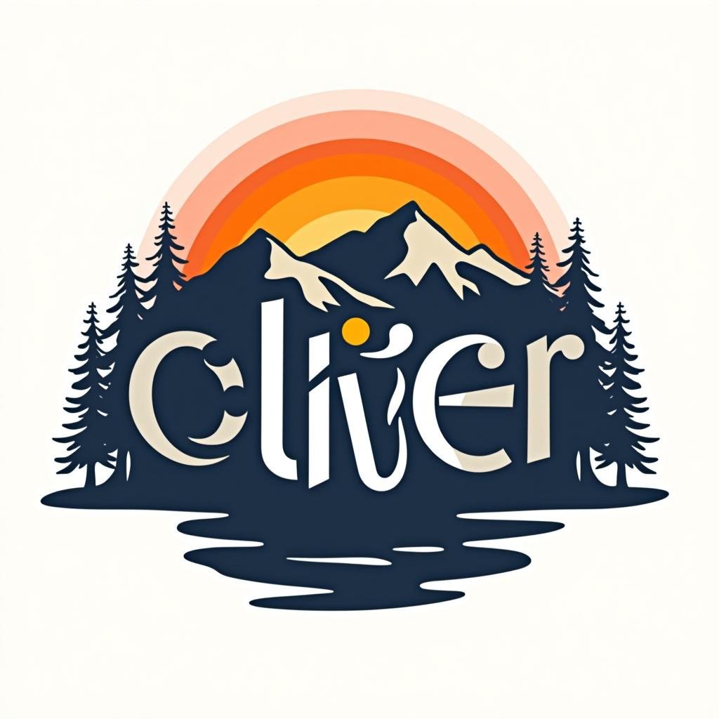  design a logo, custom sticker design on an isolated white background with the bold words ‘oliver’ with a backdrop of a mountain range, and silhouettes of pine trees at sunset