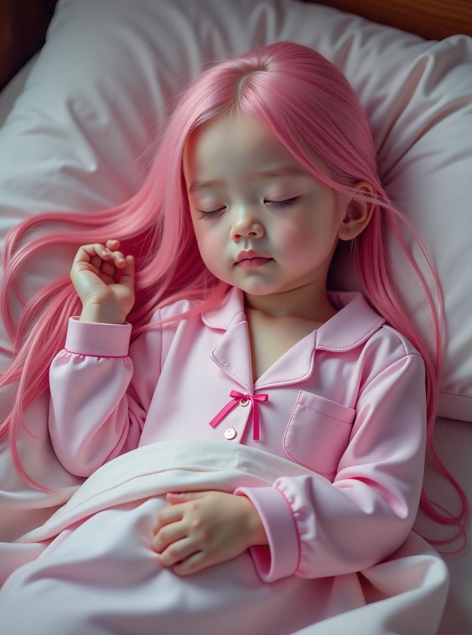  long pink hair, closed eyes, old, girl, pink pyjamas, laying on bed, sleeping, full body, ribbon , gigantic s, hypers, age, atb, full body, high quality, high details, hd, perfect composition, 4k epic detailed, highly detailed, sharp focus, high resolution