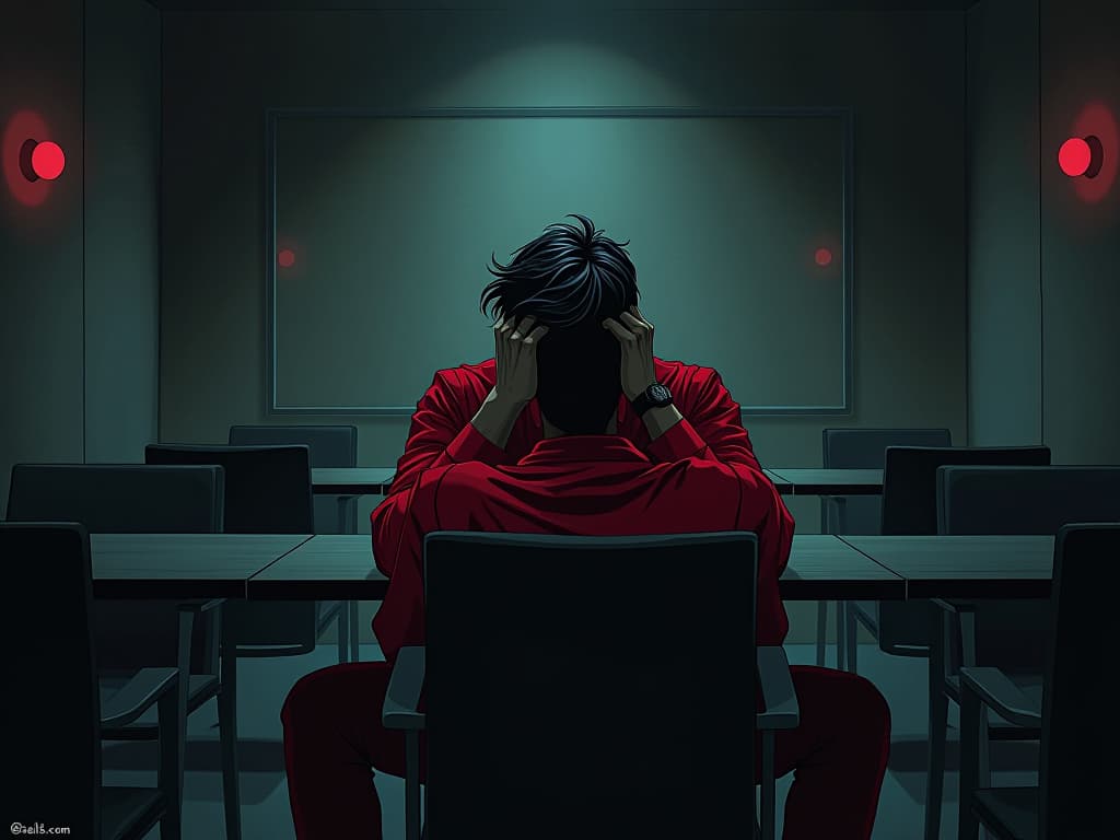  colleague in red shirt, sitting solitary in an office break room, head in hands, desolate mood, sense of lost credibility. the style is digital art illustration / modern comic book / graphic dark novel fantasy and mysterious occult, symbolic, moody lighting, esoteric vibe,high detail on character design. for the color scheme emphasize blacks and reds.