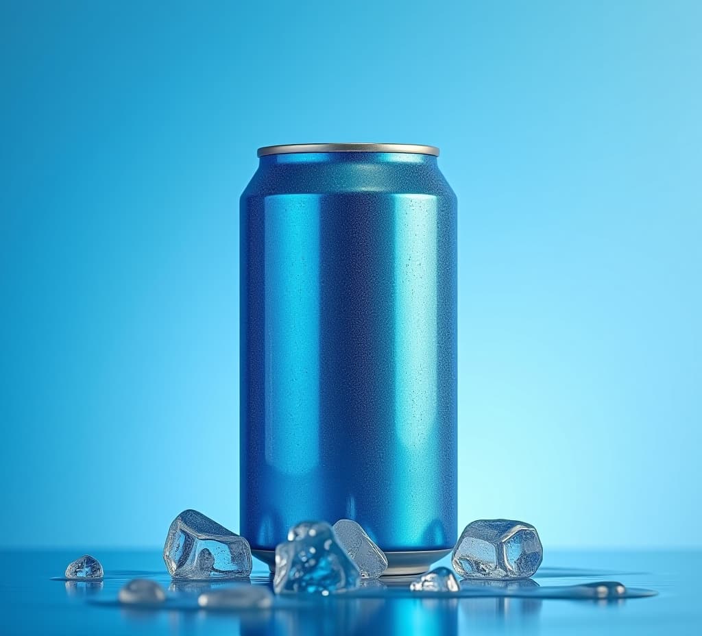  blue can of fresh soda with water drops