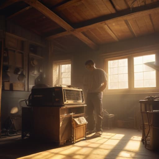 A photo of a technician inspecting the air conditioning unit in a cozy attic workshop in the late afternoon with soft, golden sunlight streaming through the dusty windows, casting warm, inviting shadows across the tools and equipment.