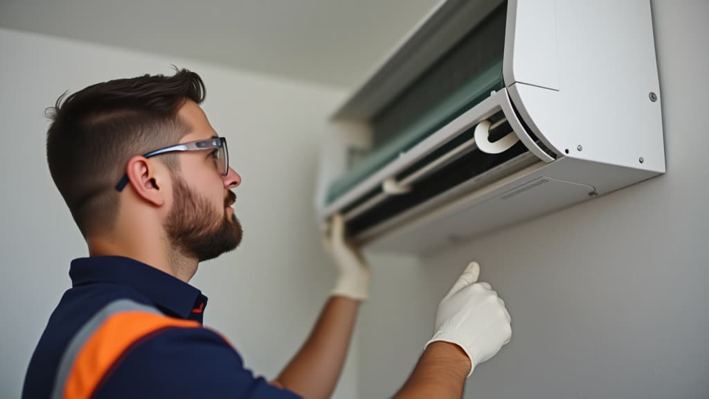  technician wearing safety glasses checking air conditioner unit on wall