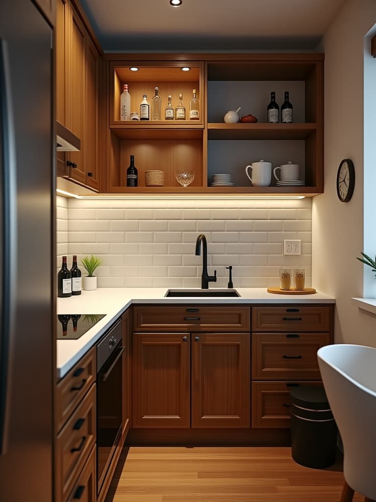  high quality portrait photo of a corner of a tiny kitchen showcasing a custom built, floor to ceiling cabinet with pull out drawers and adjustable shelves, maximizing every inch of space hyperrealistic, full body, detailed clothing, highly detailed, cinematic lighting, stunningly beautiful, intricate, sharp focus, f/1. 8, 85mm, (centered image composition), (professionally color graded), ((bright soft diffused light)), volumetric fog, trending on instagram, trending on tumblr, HDR 4K, 8K