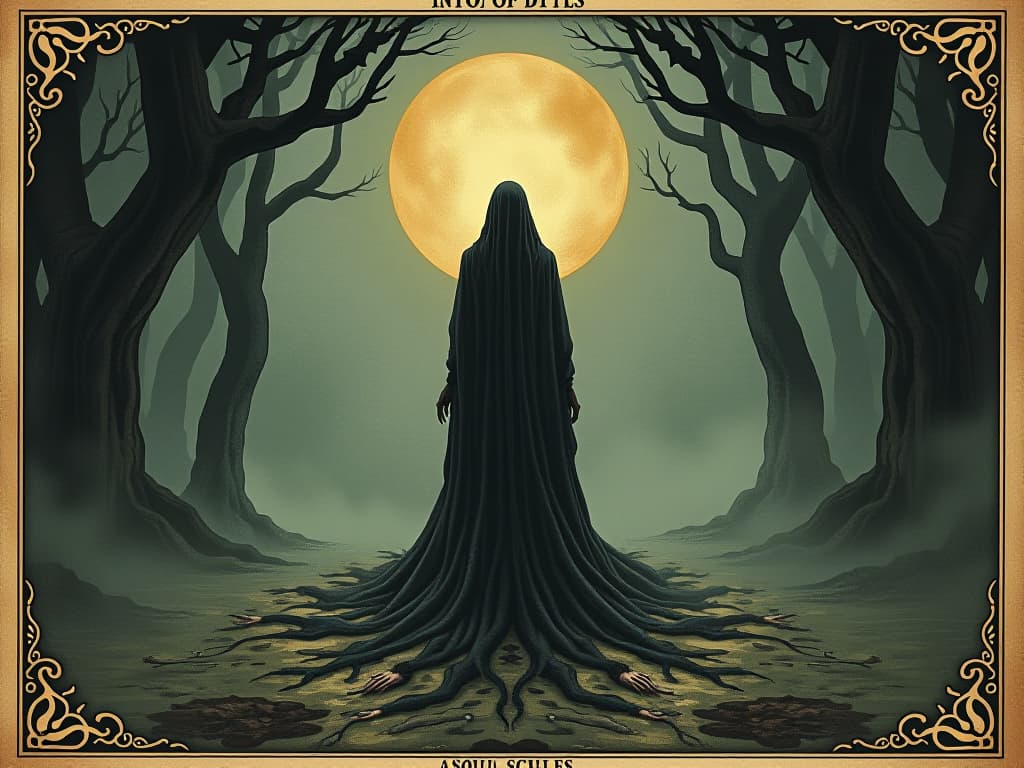  a soul navigating through, ethereal figure, facing mystical trials, dark and foreboding, sense of personal journey. an illustration in the style of a worn, mystical old tarot trump card, mysterious and elements of surrealism. the colors are muted, somber and eerie, but with contrast bring out an occult and esoteric vibe.