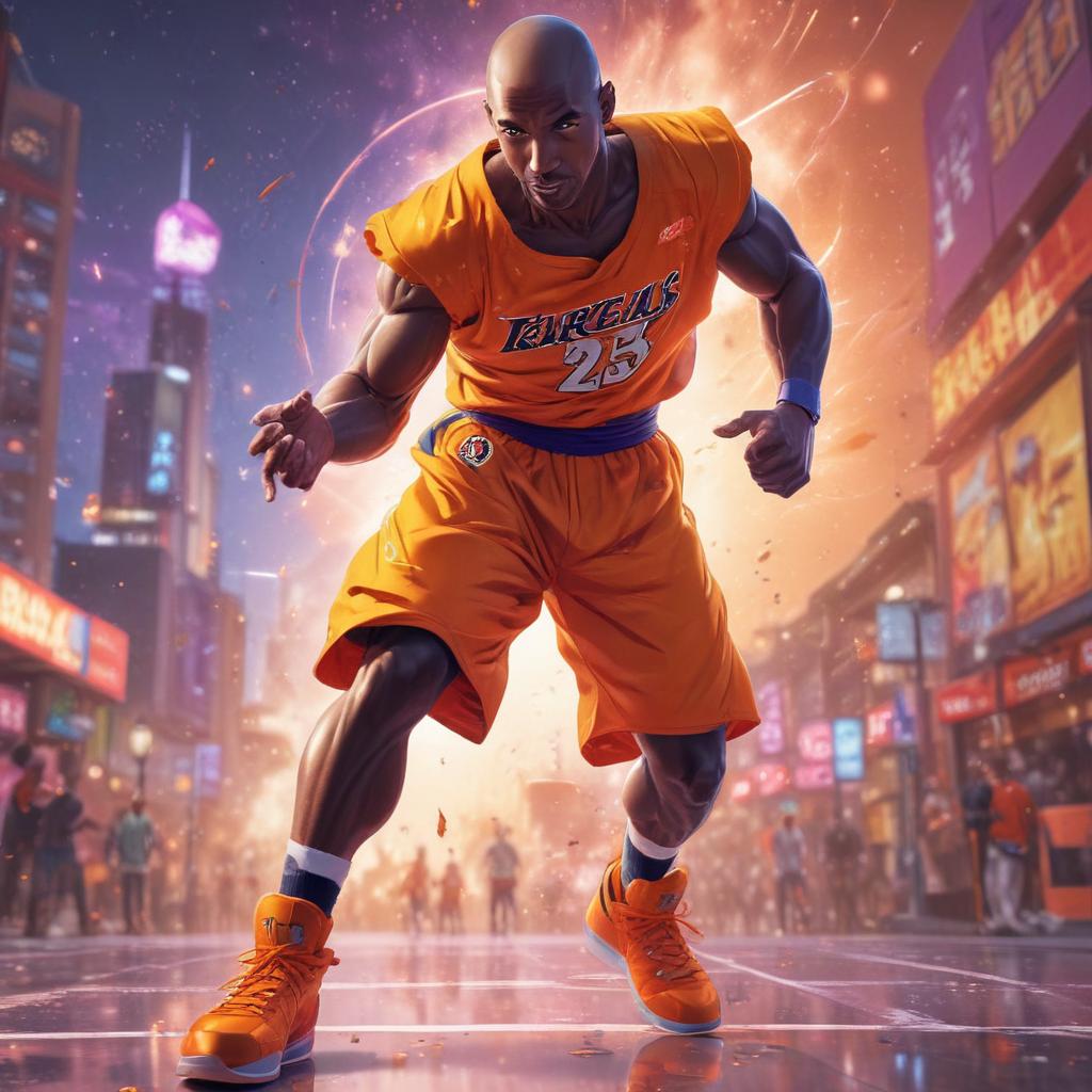 distance-shot, flashy, full-body, dynamic, holographic, animated cartoon poster of kobe scene in the style of dragon ball super