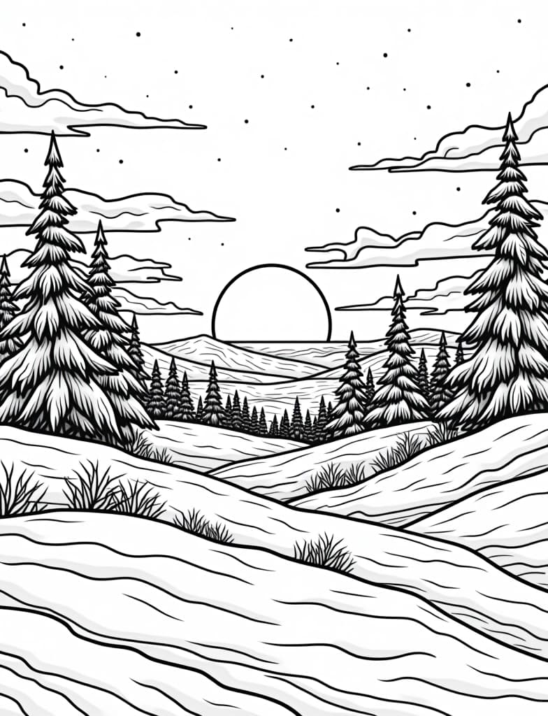  this is for an adult coloring page. a detailed black and white line art of a snowy winter sunrise over a snow covered landscape on a solid white background.