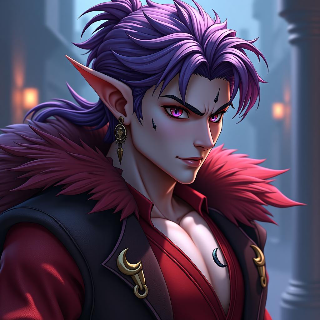  street fighter style dark elf male pirate marble white skin, purple scarlet hair, lavender eyes with a red tint, dressed in a red violet shirt embroidered with red gold over the shirt wears a leather coat with a fur collar of dark scarlet, disheveled hair. an earring in the right ear, in the shape of a month. tattoo of a jagged crescent moon near the left eye socket the crescent moon is turned towards the eye . vibrant, dynamic, arcade, 2d fighting game, highly detailed, reminiscent of street fighter series hyperrealistic, full body, detailed clothing, highly detailed, cinematic lighting, stunningly beautiful, intricate, sharp focus, f/1. 8, 85mm, (centered image composition), (professionally color graded), ((bright soft diffused light)), volumetric fog, trending on instagram, trending on tumblr, HDR 4K, 8K