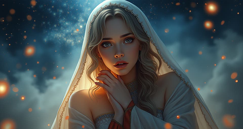  an otherworldly maiden in intricately decorated robes, her eyes reflecting an inner struggle. bright, starry sky, conveying vulnerability and guilt.. the style is digital art illustration,highly detailed, whimsical,magical, dreamlike atmosphere, realism and fantasy blend, smooth, glossy textures,luminous quality, wonder and enchantment.