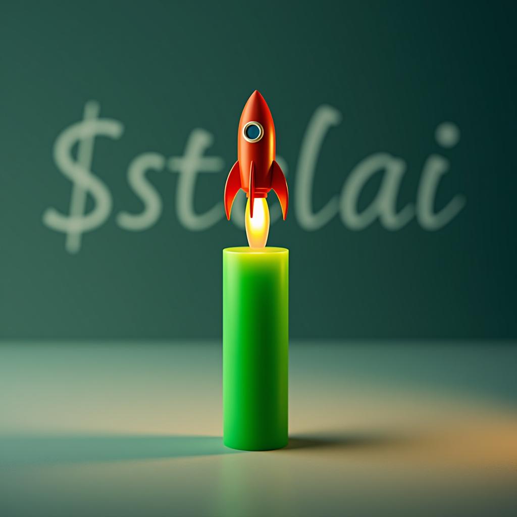  a graph going up with small rocket on the green candle. on the background it is written '$stelai"